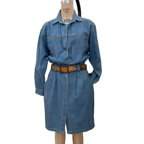 Eddie Bauer Dress Denim Vtg Jean Dress Pearl Snap Y2K Retro Knee Sz M - Picture 1 of 6